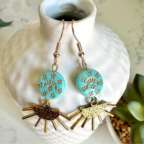 2/$30🌵 Gold Sun Turquoise Stone Crescent Moon Stars Earrings Bohemian Gift NEW - Picture 5 of 9